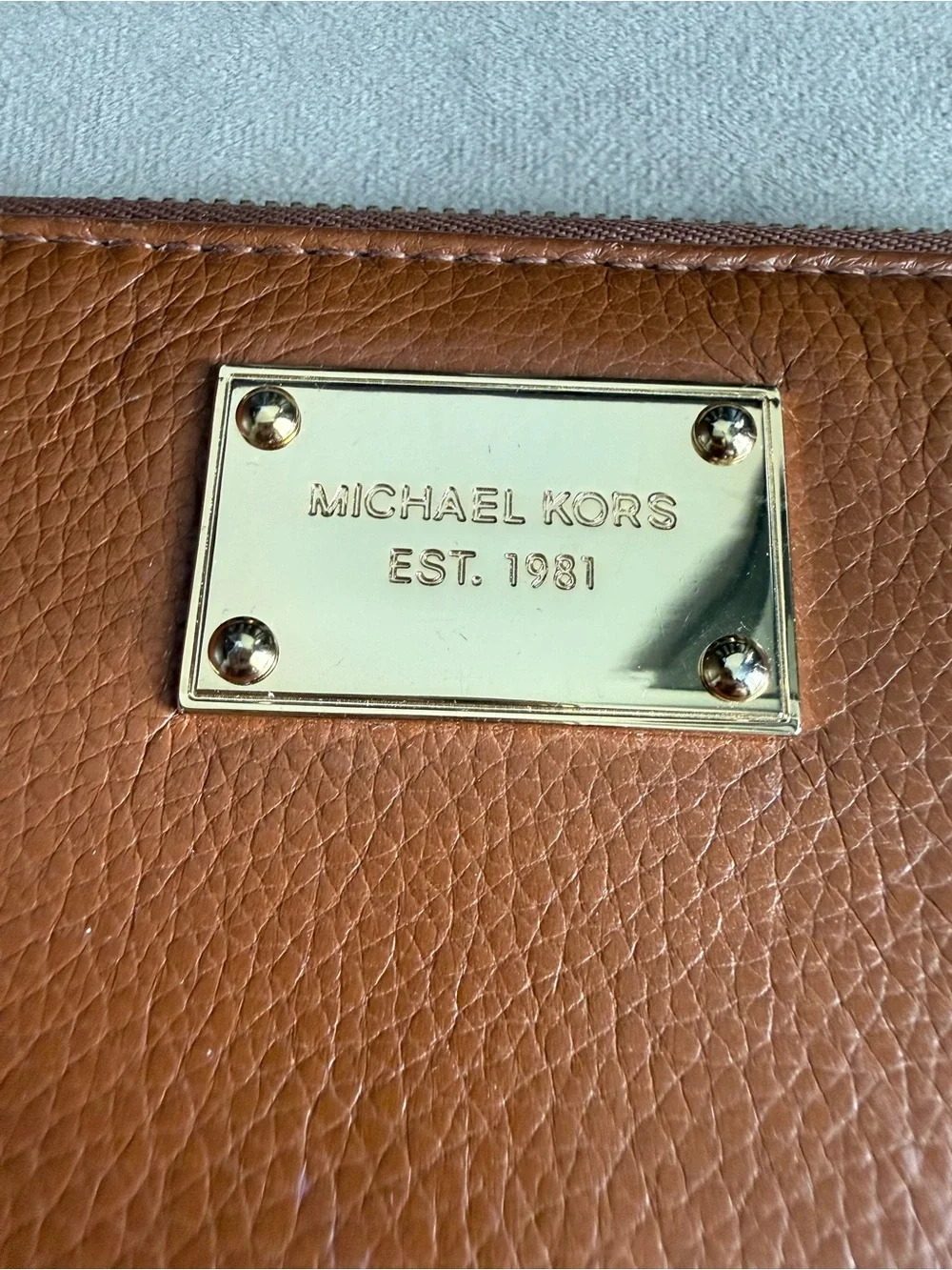 Michael Kors Cognac Leather Zip-Around Wallet with Gold Plaque